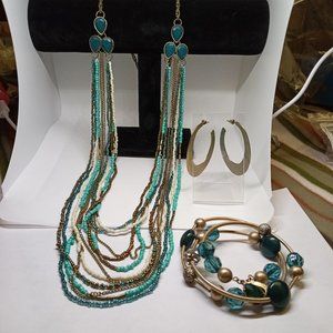 3 Piece Vintage Beaded Necklace, Hoop Earring and Beaded Spring Bracelet Set